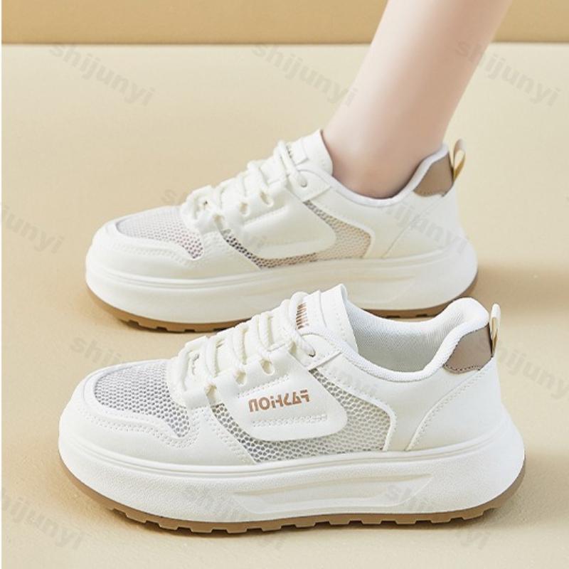 Women's White Sneakers Autumn New Mesh Breathable Height Increase Casual Shoes Comfortable Fashion Cross Tied Non Slip Flats