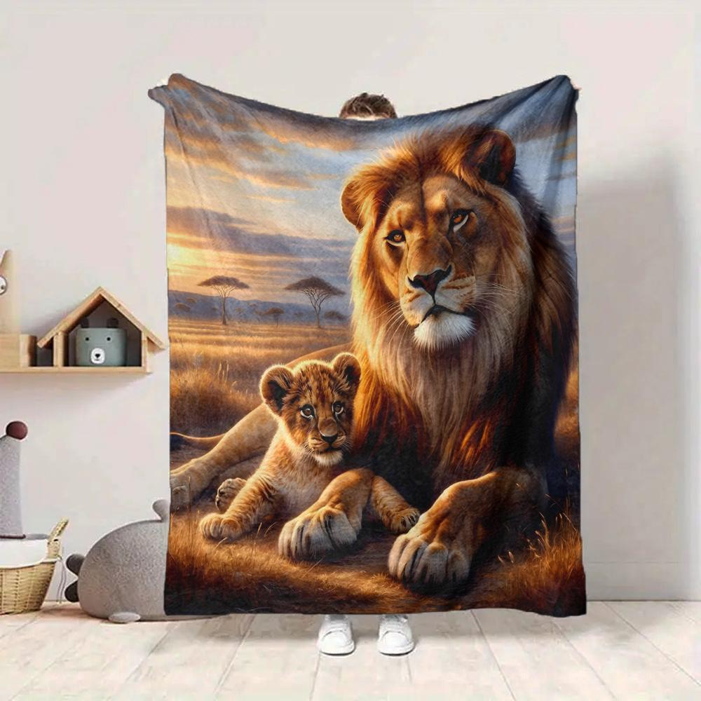 1Pc Lion Family Sunset Blanket Soft And Comfortable Casual Warm Camping Travel Christmas Halloween Xmas Gift M924422