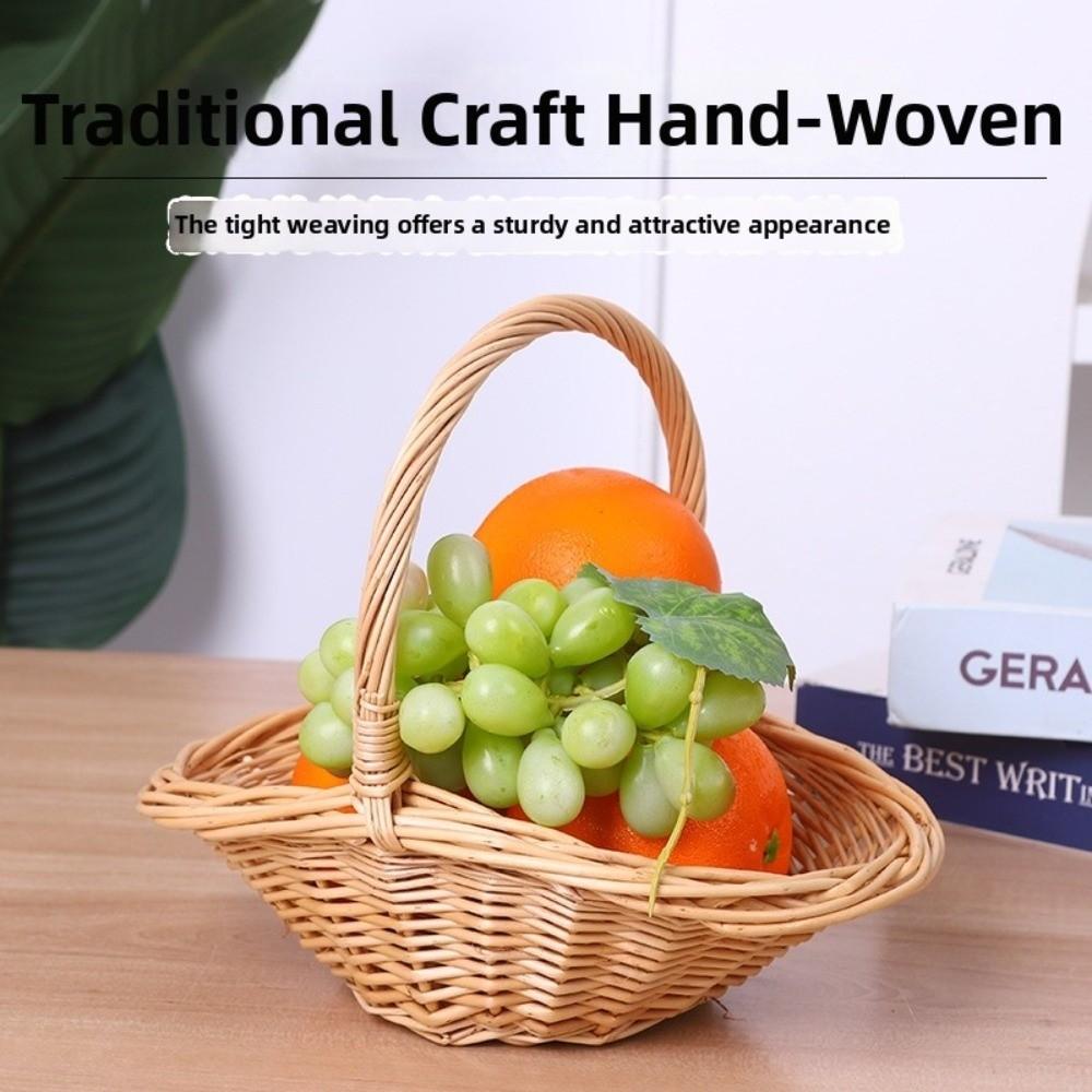 Portable Handheld Rattan Woven Basket Handwoven Decorative Fruit Storage Basket Multi-functional Picnic Basket Kitchen Organizer