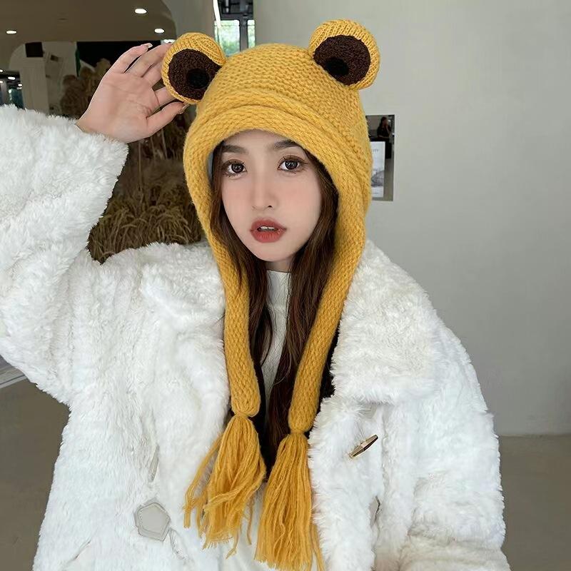 Women s 100% Cotton Winter Beanie Frog Ear Soft Knitted Hat with String No Stretch Stretchlet Common Fabric Feature adult