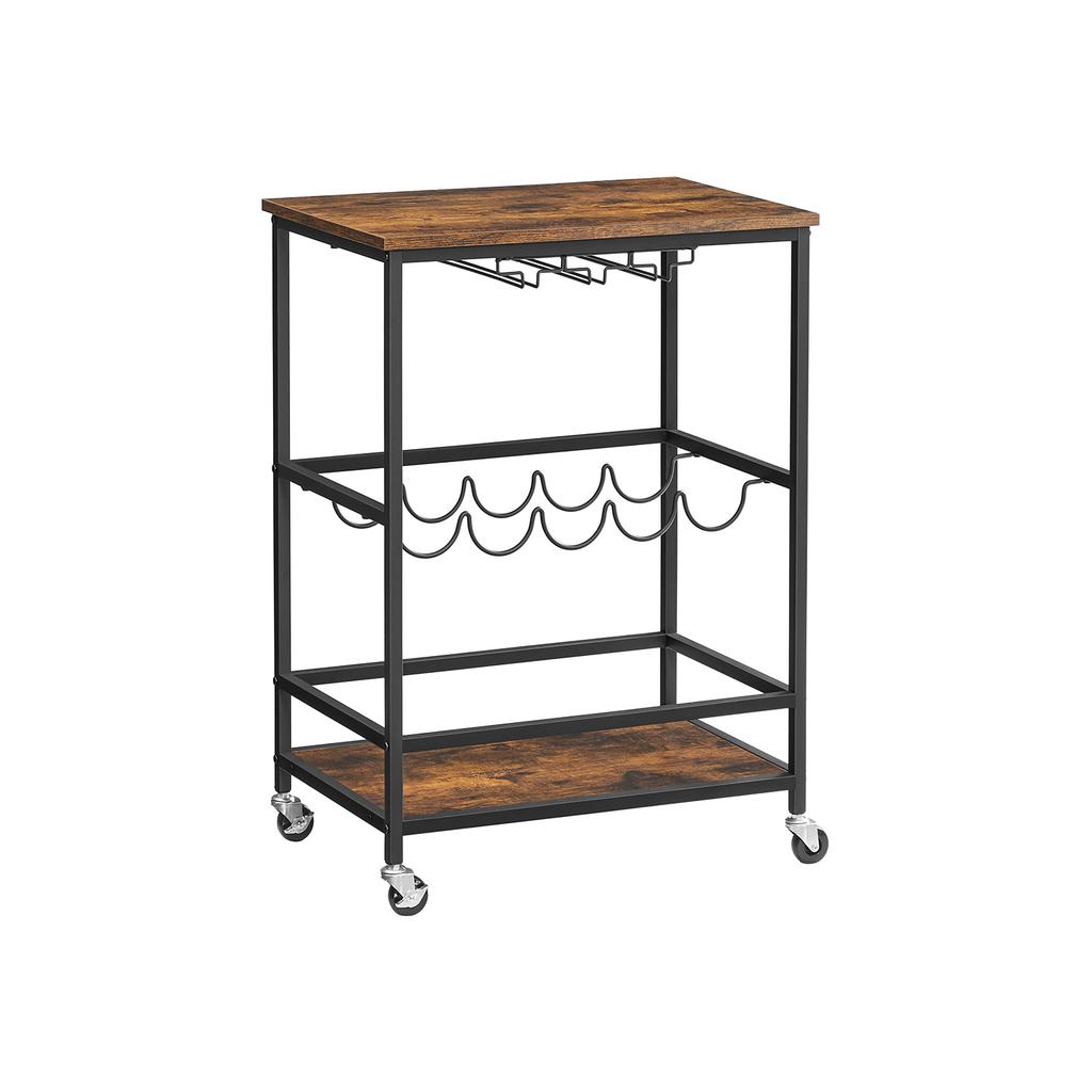 VASAGLE LRC087B01 Kitchen Trolley on Wheels with Shelves Glass and Bottle Holders 60 x 40 x 75 cm Industrial Design Vintage Brown/Black