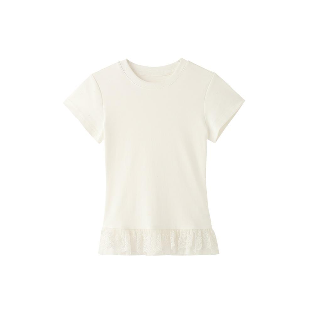 Special Offer, Sweet Lace Splicing Hems Crew Neck Short Sleeve T-Shirt Women's Summer