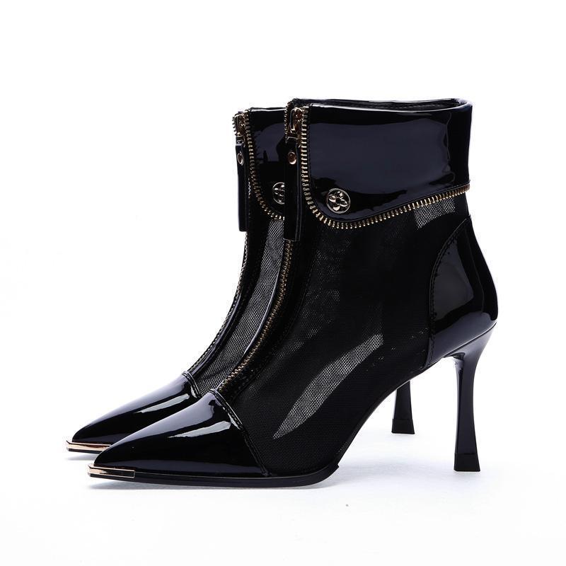 Korean version breathable mesh fine heel cool boots women's spring and autumn 2025 anti-collision pointed short boots patent leather hollow high h