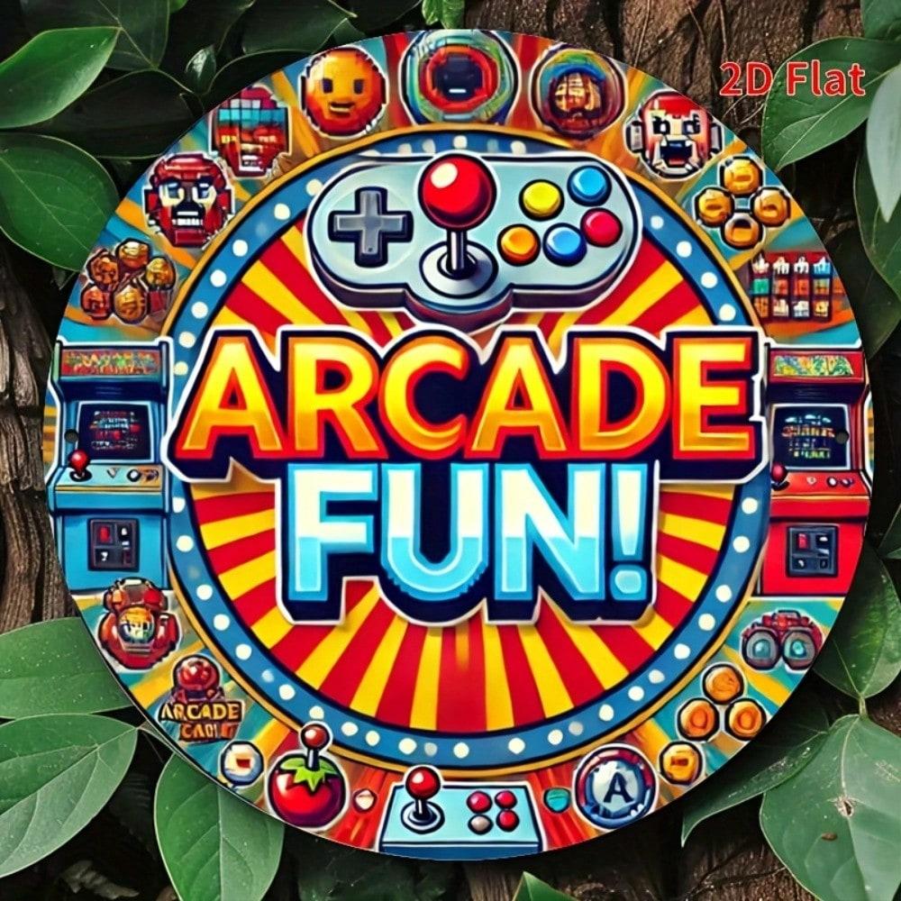 2D Metal Arcade Sign Flat Retro Wall Decor Aluminum Art Painting 20x20cm Home Office Bar Gift 20x20