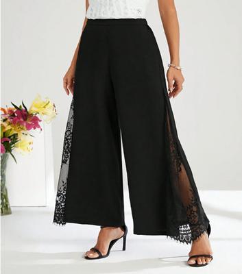 Women's Plus Size Black Elegant Spring Summer Casual Split Lace Patchwork Loose Elastic Waist Wide Leg Pants Straight Leg Pants