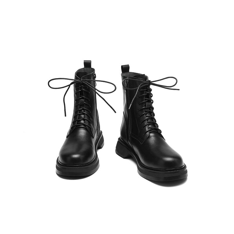 Krazing Pot Cow Skin Natural Fur Autumn Winter Shoes Thick Heels Western Boots Round Toe Keep Warm Lace Up Ankle Boots