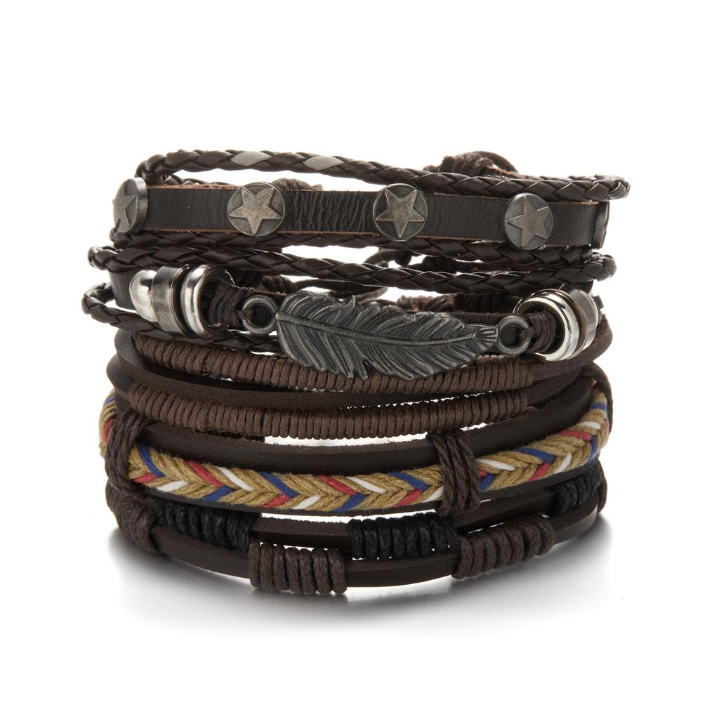 Trendy Braided Wrap Leather Bracelets Men Vintage Cross Dumbbell Guitar Charm Wood Beads Male Wristbands Jewelry Pulsera Hombre