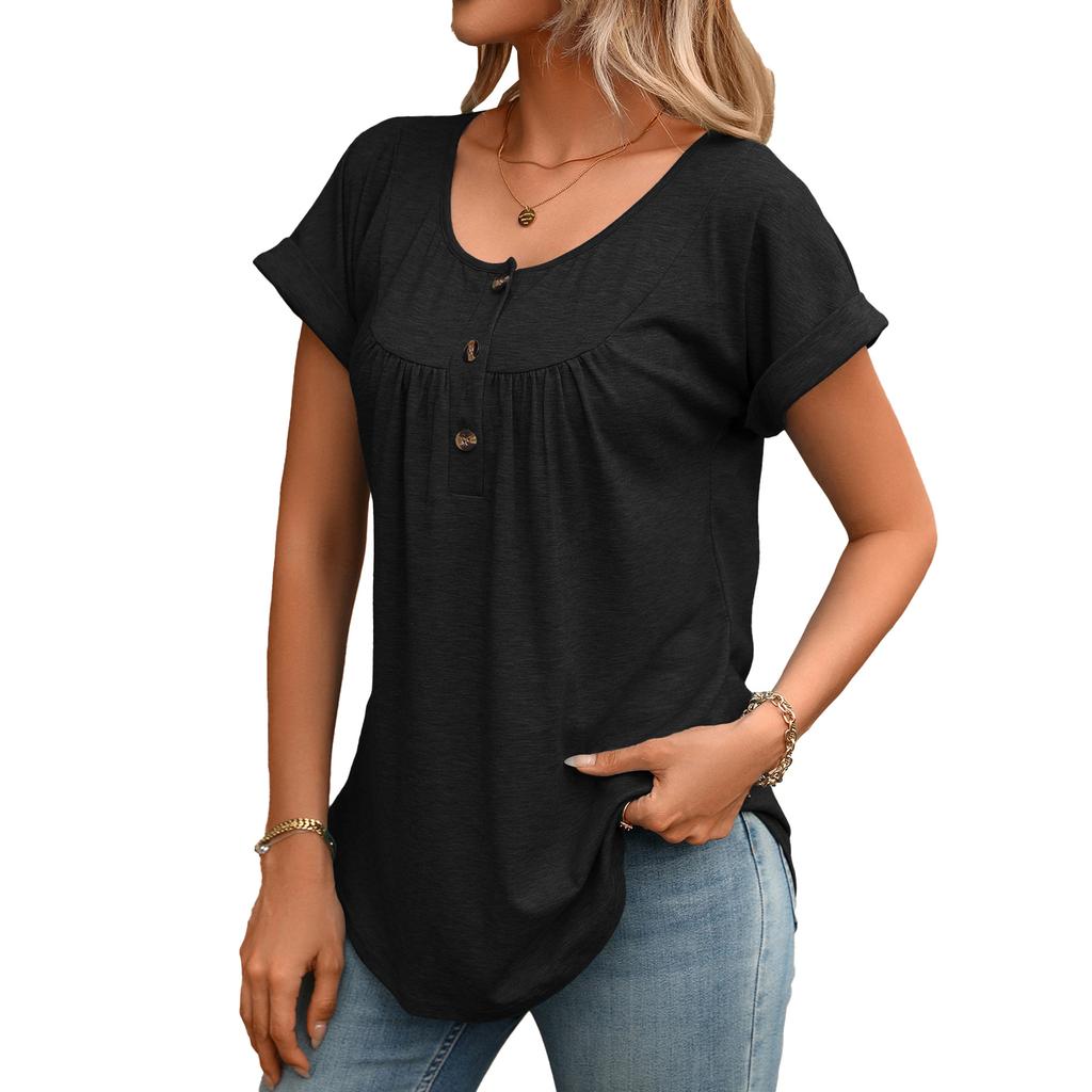 European Style Summer Solid Color Round Neck Button Loose Fit Short Sleeve T-Shirt Women