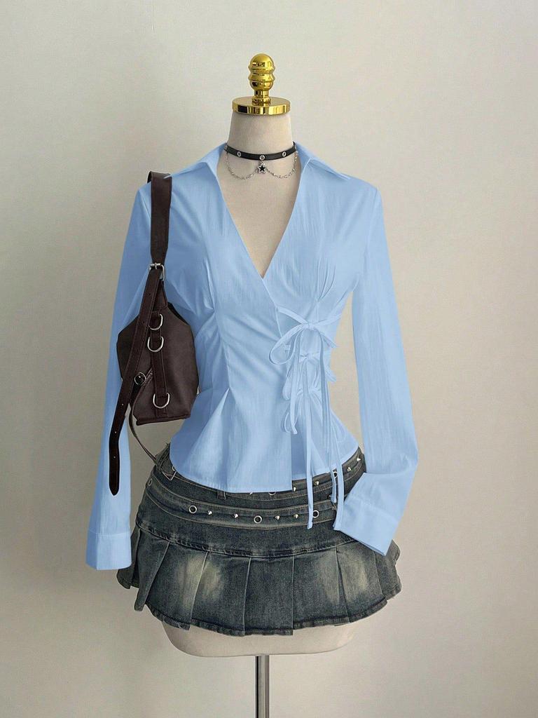 In Stock - European & American Casual Waist-Cinching Solid Color Women's Shirt