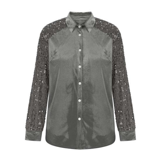 Yousheng Women Shirt Button-Down Lapel Long Sleeve Shirt Tops Solid Color Loose Fit Shiny Sequins Sleeve Velvet Shirt Cocktail Party Wear