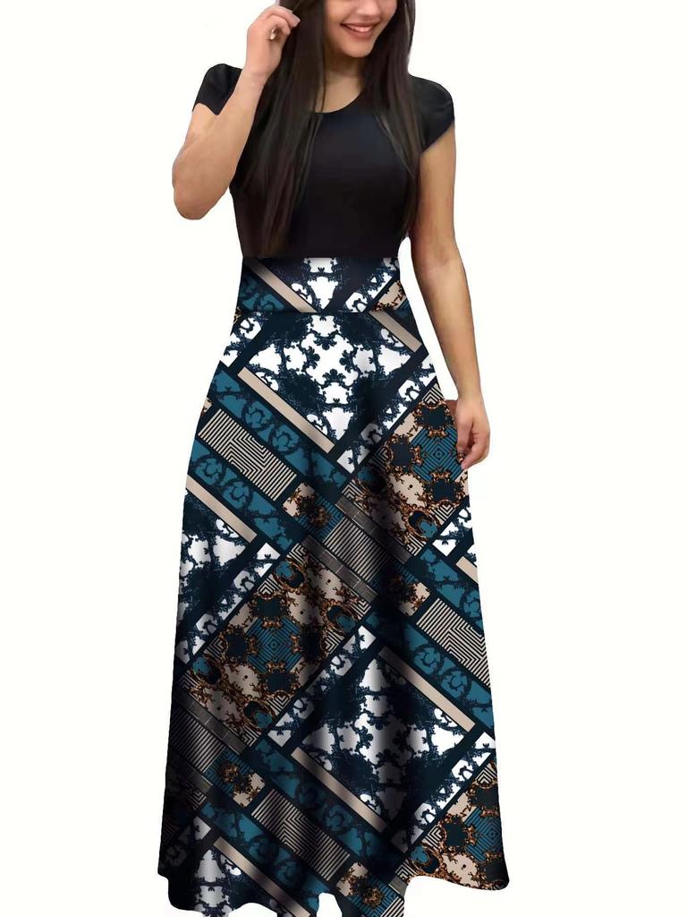 Floral Print Patchwork Short Sleeve Bohemian Dress Women Summer Dress O Neck Big Swing Long Dresses