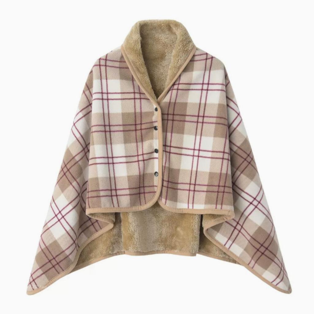 Fleece Wearable Blanket, Plaid Lap Blanket Comfy Poncho Throw with Button Plaid Throw Cushion for Bed Sofa Office
