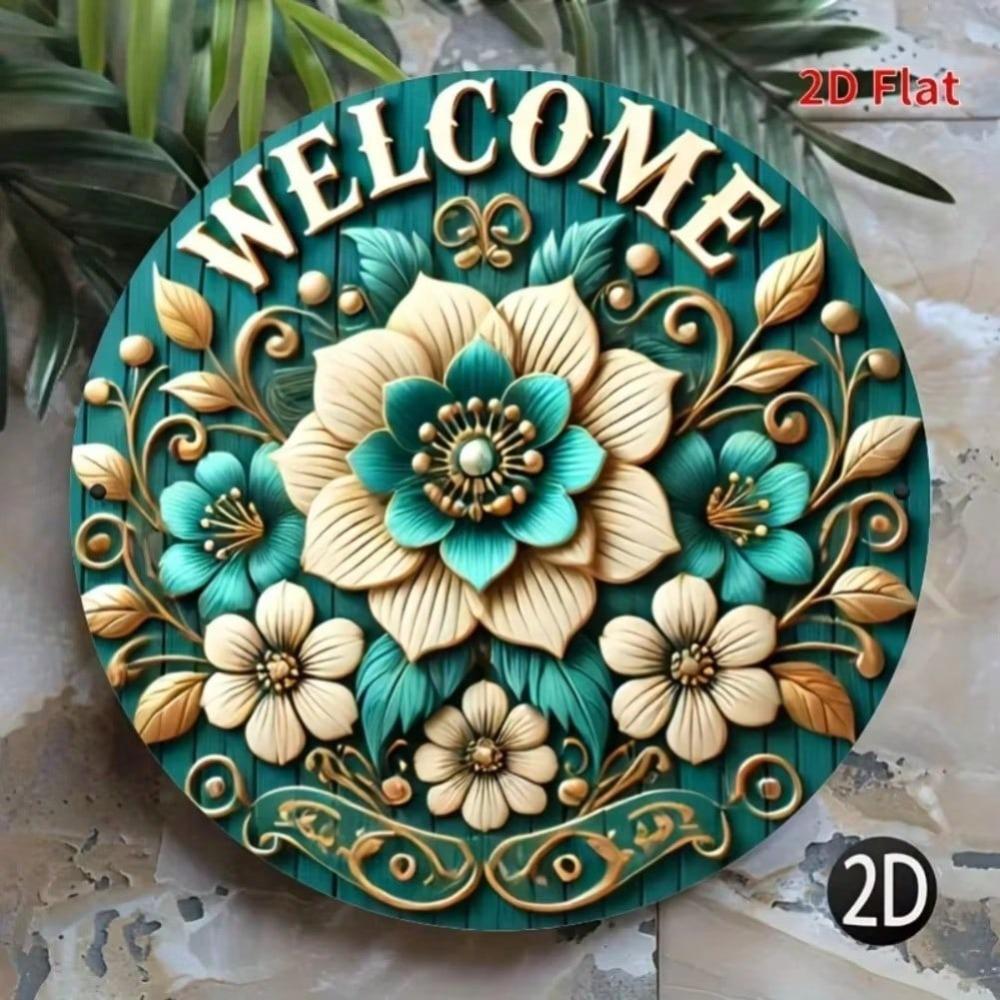 Aluminum Welcome Sign Floral Teal White Round Waterproof Wall Decor Door Hanger
