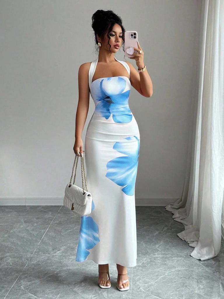 2026 European and American women's clothing explosive new neck halter long dress hip-wrapped printed dress