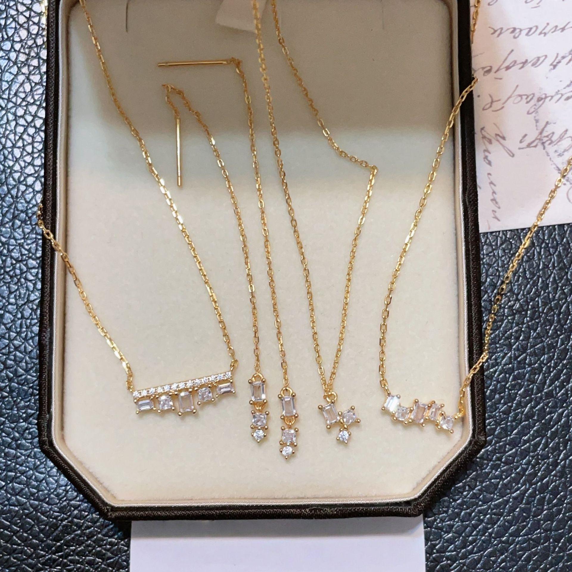 14K Gold-Plated S925 Sterling Silver Square Zirconia Pendant Necklace 14K Gold