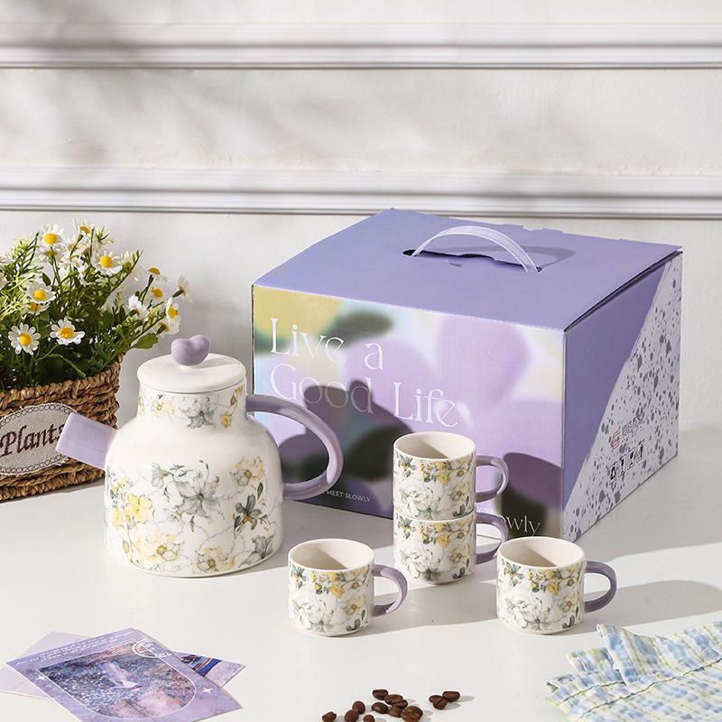 Iris High Value Tea Set Water Utensils Business Gift Set Retro Floral Ceramic Kettle Cup Souvenir