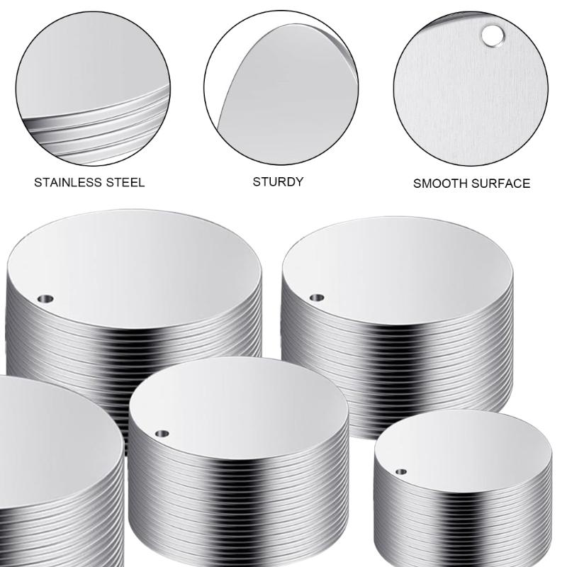 100 Pcs/Set Round Metal Engraving Blanks with Hole Stamping Blanks Stainless Steel Blank Tagged 10/15/20/25/30mm