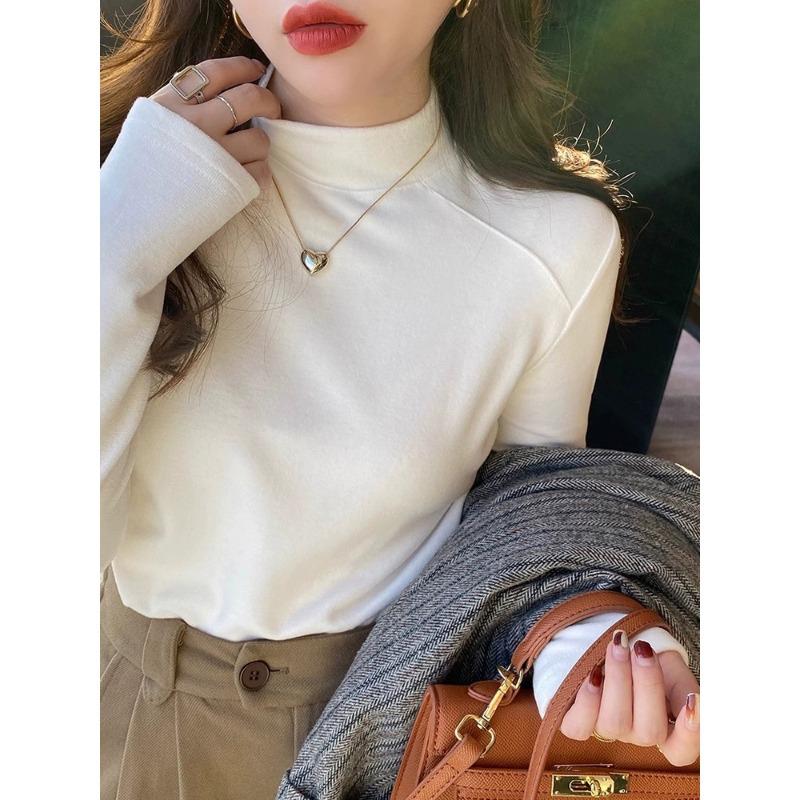 Temperament semi-turtleneck fishbone line design bottoming shirt women's spring slim-fitting simple long-sleeved inner middle-necked top