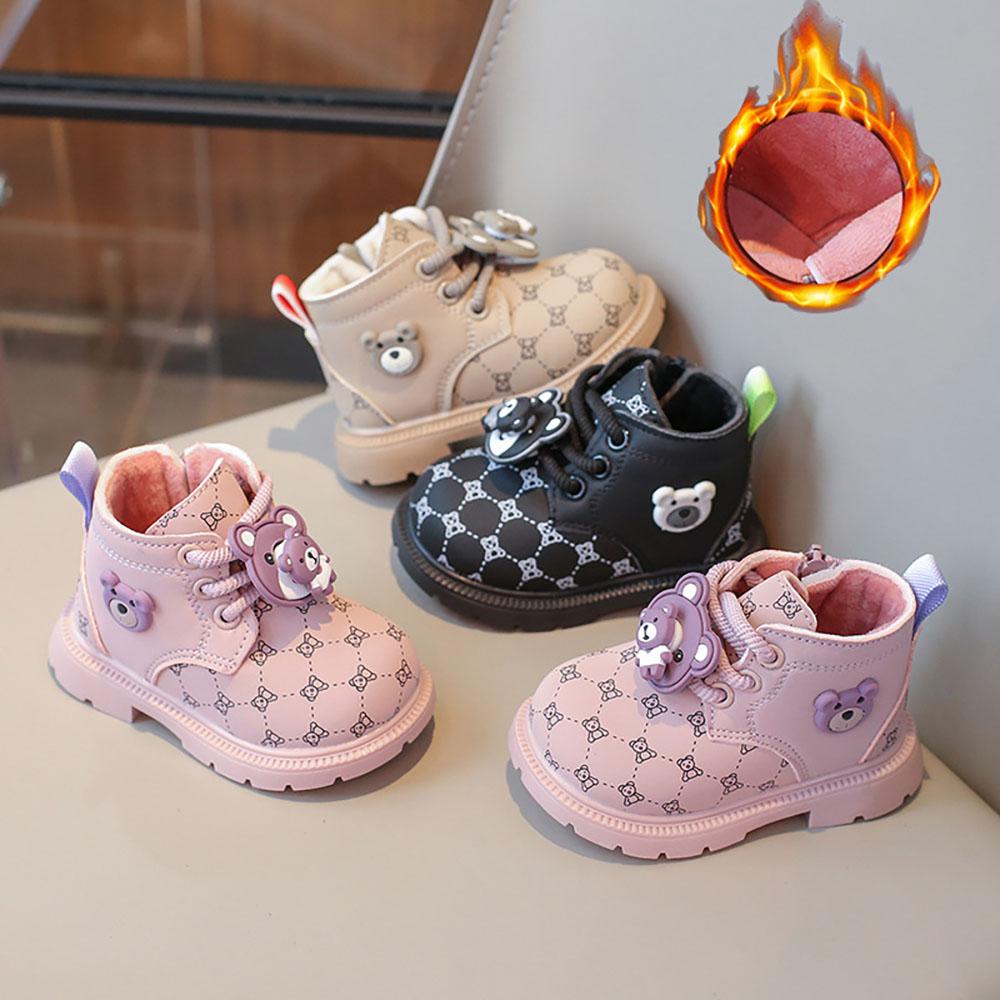 Korean Style Little Girl's Plush Boots PU Leather Trend Fashion Cotton Shoes Soft-soled Anti-slippery Faux Fur Boots For Boys