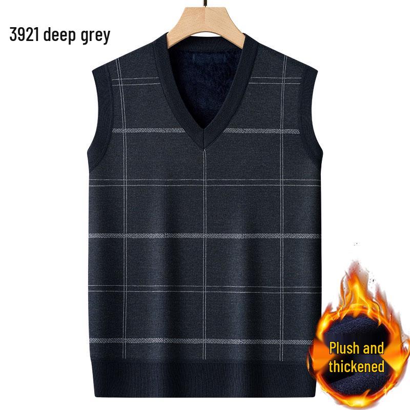Dad's Fleece-Lined Sweater Vest: Warm Knitted Base Layer for Middle-aged and Elderly Men in Autumn and Winter.