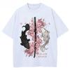 4 Vintage Koi Fisch Sakura Katana Grafik T-Shirt Kirschblüten Schwert Druck Unisex Baumwolle Rundhals Kurzarm Street Tee Top