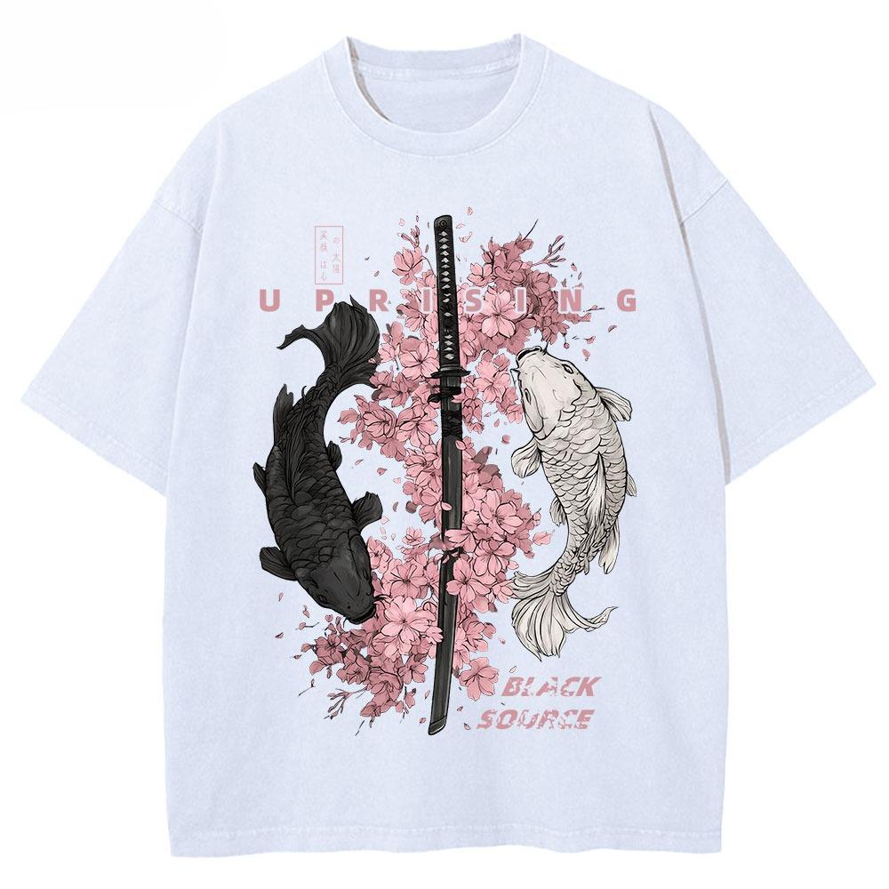 4 Vintage Koi Fisch Sakura Katana Grafik T-Shirt Kirschblüten Schwert Druck Unisex Baumwolle Rundhals Kurzarm Street Tee Top
