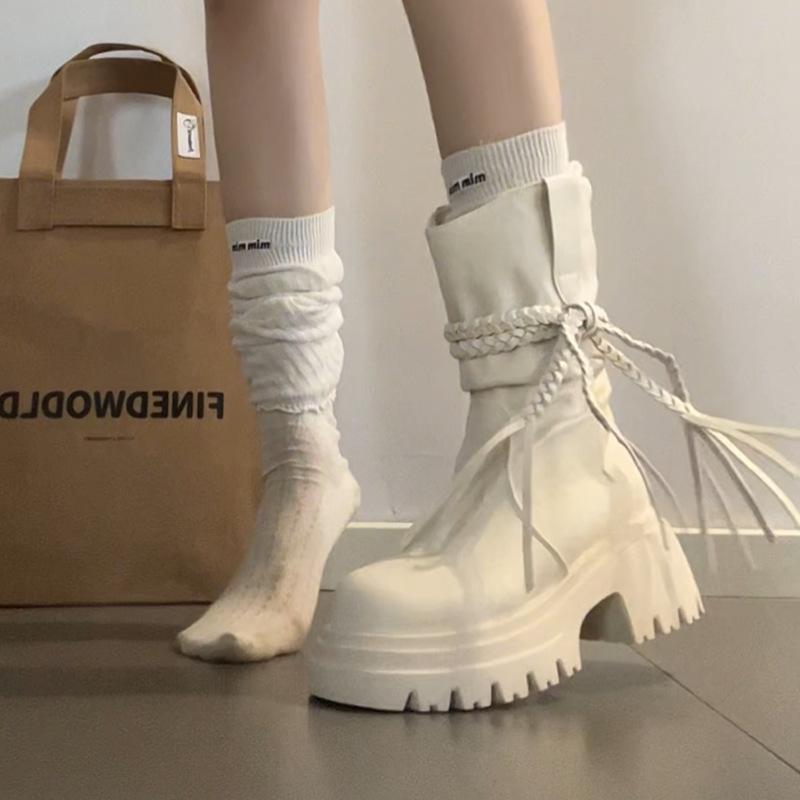 2025 Autumn and Winter Simple Wasteland Wind Fringed Knight Boots Fashion Thick Heel But Knee Fashion Boots Women's Thin Medium Boots