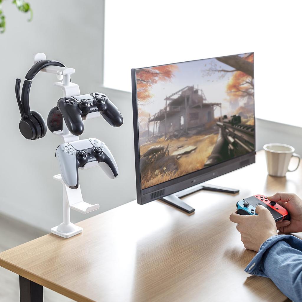 SANWA SUPPLY Game Controller Stand with Clamp (With Headphone Holder/White) JY-STN2W