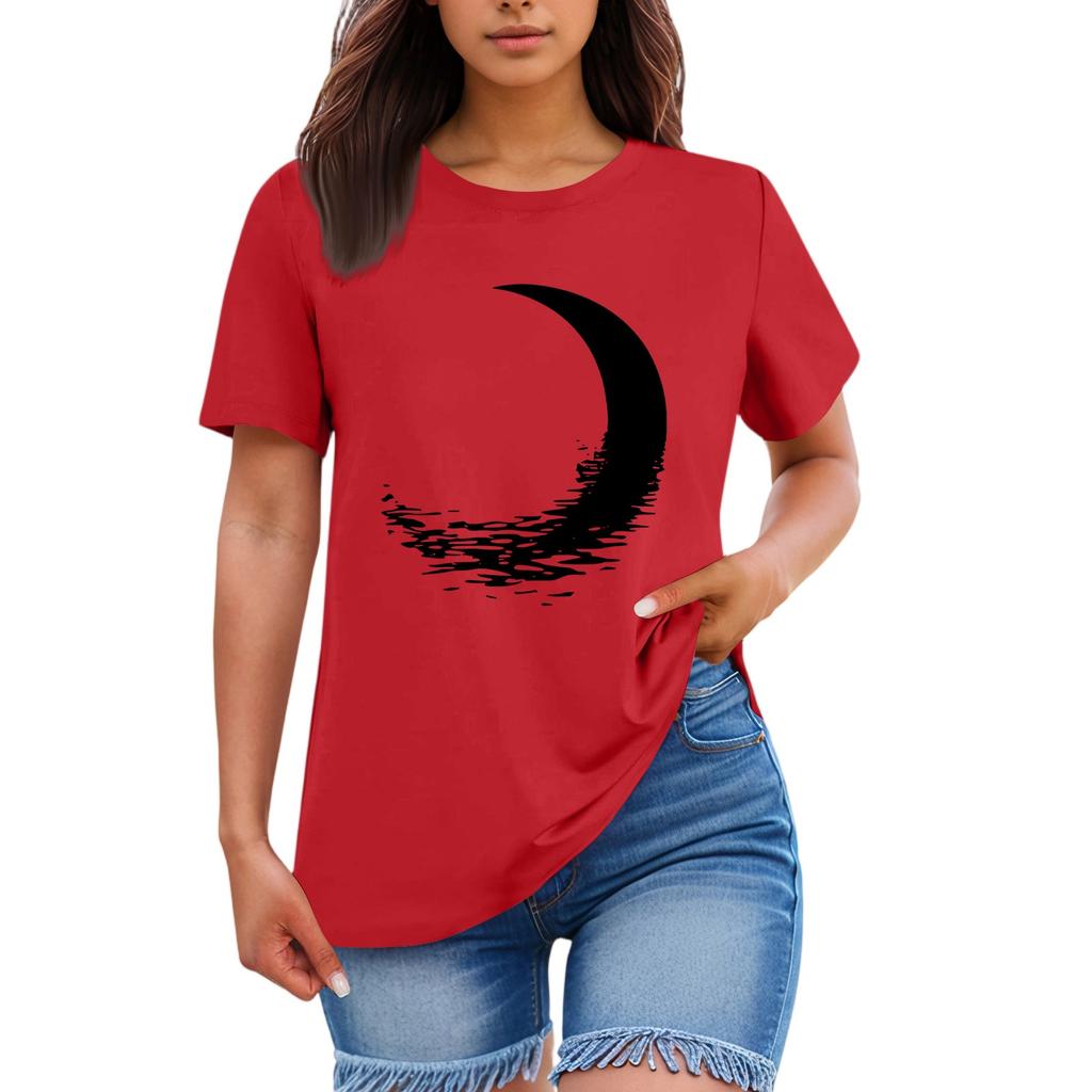Ladies' Loose Comfortable Casual Fashionable  Moon Pattern Printed Round Neck Short Sleeved Shirt