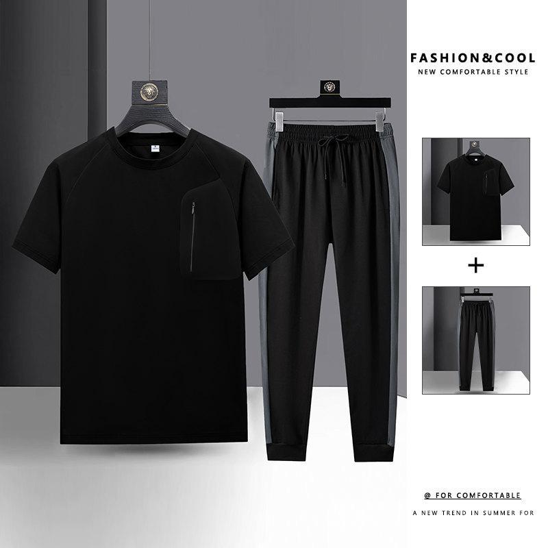 

Летний повседневный комплект из длинных брюк с короткими рукавами для мужчин, универсальный, красивый, свободный крой, спортивный комплект из двух предметов большого размера XXXXXL/107-117KG чёрный