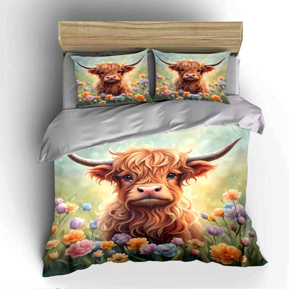 "Floral Highland Cow Bedding Set" Bedding Duvet Cover Set Duvet Cover Pillowcases (1 * Duvet Cover 2 * Pillowcases, without duvet insert)