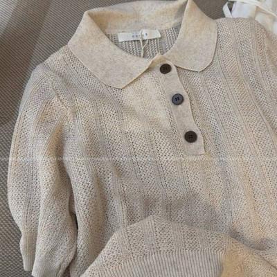 Premium Retro Old Money Style Wear Knitted Short-sleeved Polo Shirt Women's Spring and Summer Thin Lapel Front Shoulder Top
