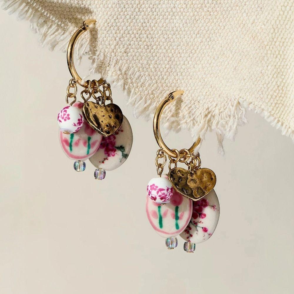 Zinc Zinc Alloy Ceramic Ear Buckle Jewelry Accessories Hoop Earrings Blue and White Porcelain Earrings  Lady