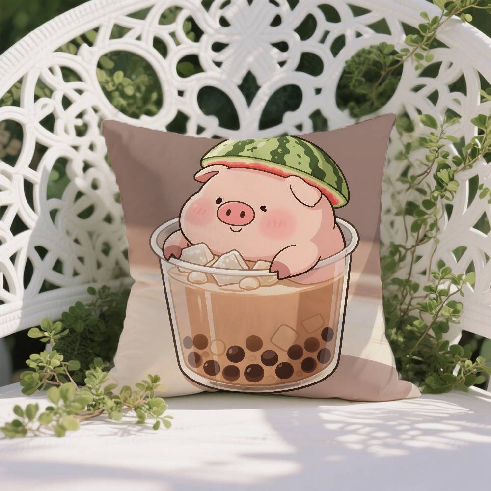 Happy Accompanying Pig Summer Pattern Pillow Case Anti-dustmite Pillowcase Invisible Zipper Silky Short Plush Sofa Cushion Cover