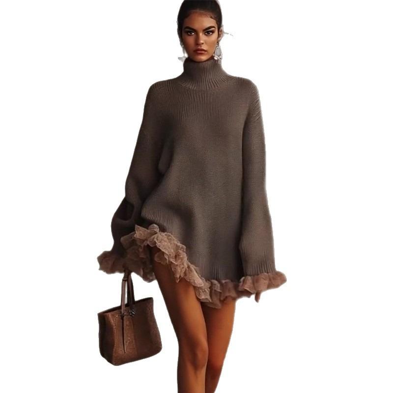 Gestrickter Pullover mit hohem Kragen, Rüschen-Applikation und langen Ärmeln, Freizeit