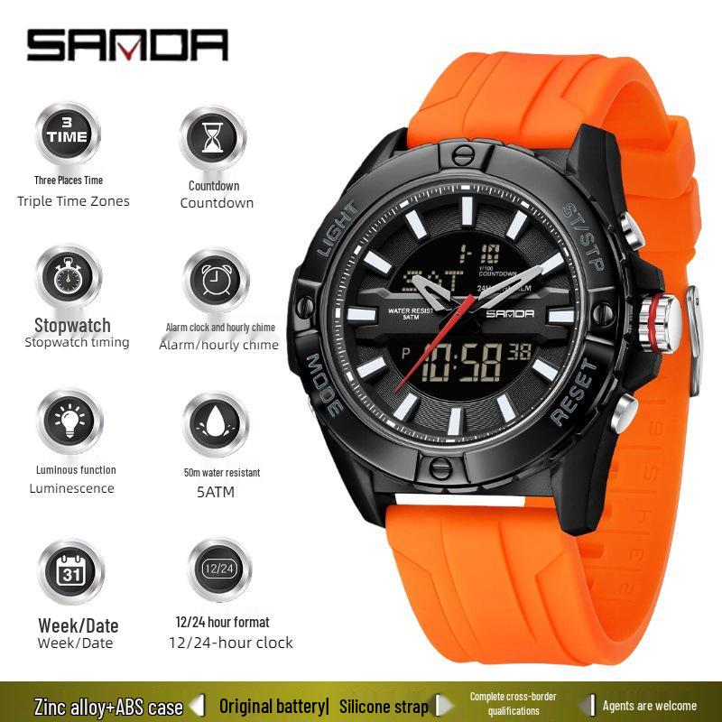 Relógio SANDA Casual com Duplo Display, Pulseira de Silicone, para Estudantes, com Função Soneca