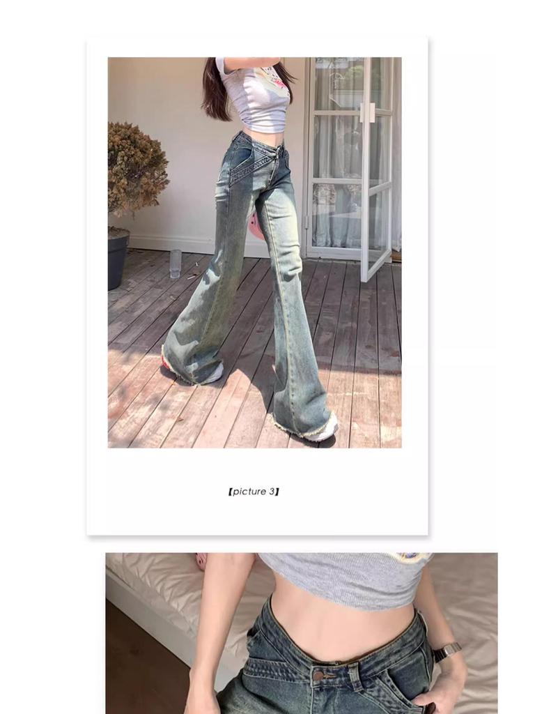 Damen Retro Patchwork Low-Waist Micro Flare Jeans - Frühling Stretch Schlankmachende Bodenlange Hose