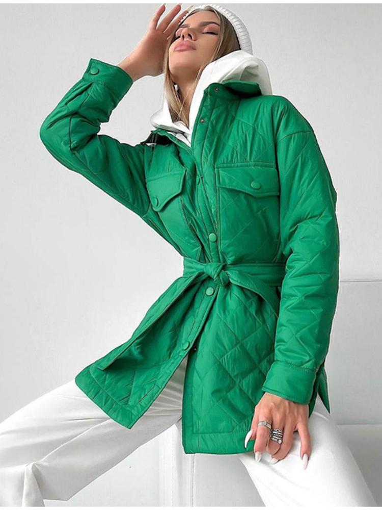 Loose Padded Long Lingge Women's Winter Jacket Casual Turn Down Collar Belt Straight Overcoat Female Outwear Woman Clothes