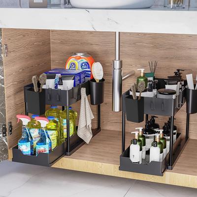2pcs Kitchen Under Sink Bathroom Simple Shelf, Pull-Out Organiser, Multi-functional Storage Shelf[With 4 Chopsticks Cages + 10 Hooks]