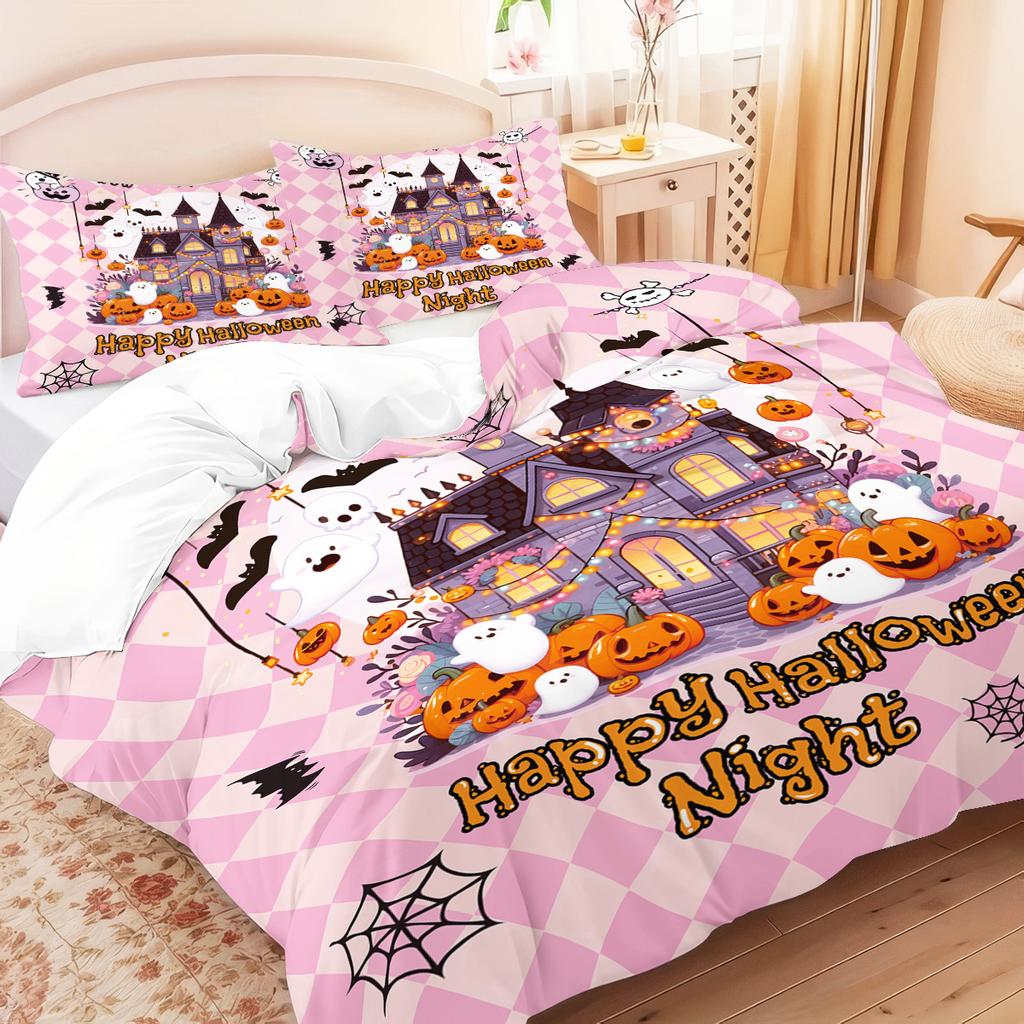 3-piece Halloween Pink Ghost, Castle Pattern, 1 Quilt Cover+2 Pillowcases, Coreless, Soft and Comfortable Duvet Cover Set
