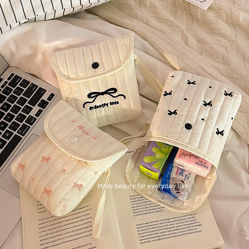 Large Capacity Embroidery Cosmetic Bag Menstruation Towel Storage Bowknot Bow Makeup Bag Small Item Bag Cotton Cloth