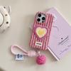 Cute Fluffy Plush iPhone Case with Colorful Heart Decor & Elastic Wrist Strap Sweet Phone Cover for iPhone 17/15/14/13 Pro Max
