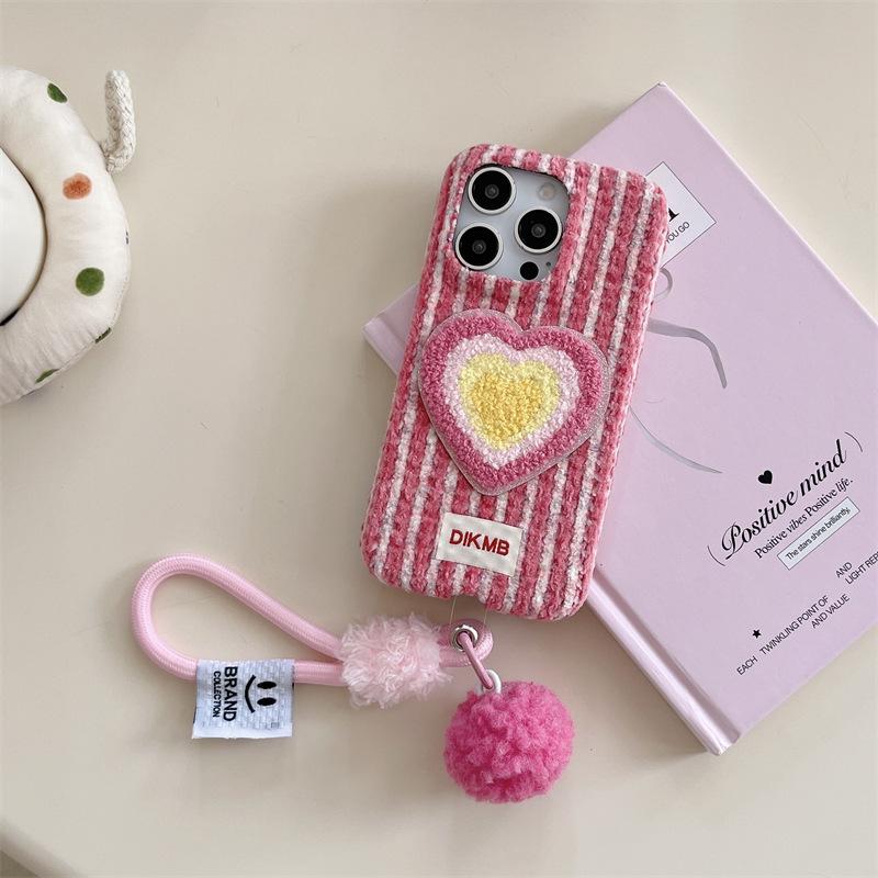 Cute Fluffy Plush iPhone Case with Colorful Heart Decor & Elastic Wrist Strap Sweet Phone Cover for iPhone 17/15/14/13 Pro Max