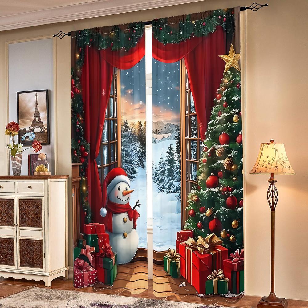 2 Pieces, Christmas Snowman Christmas Tree Curtains - Semi Blackout - Suitable for Living Room, Bedroom, Kitchen, Home Decoratio