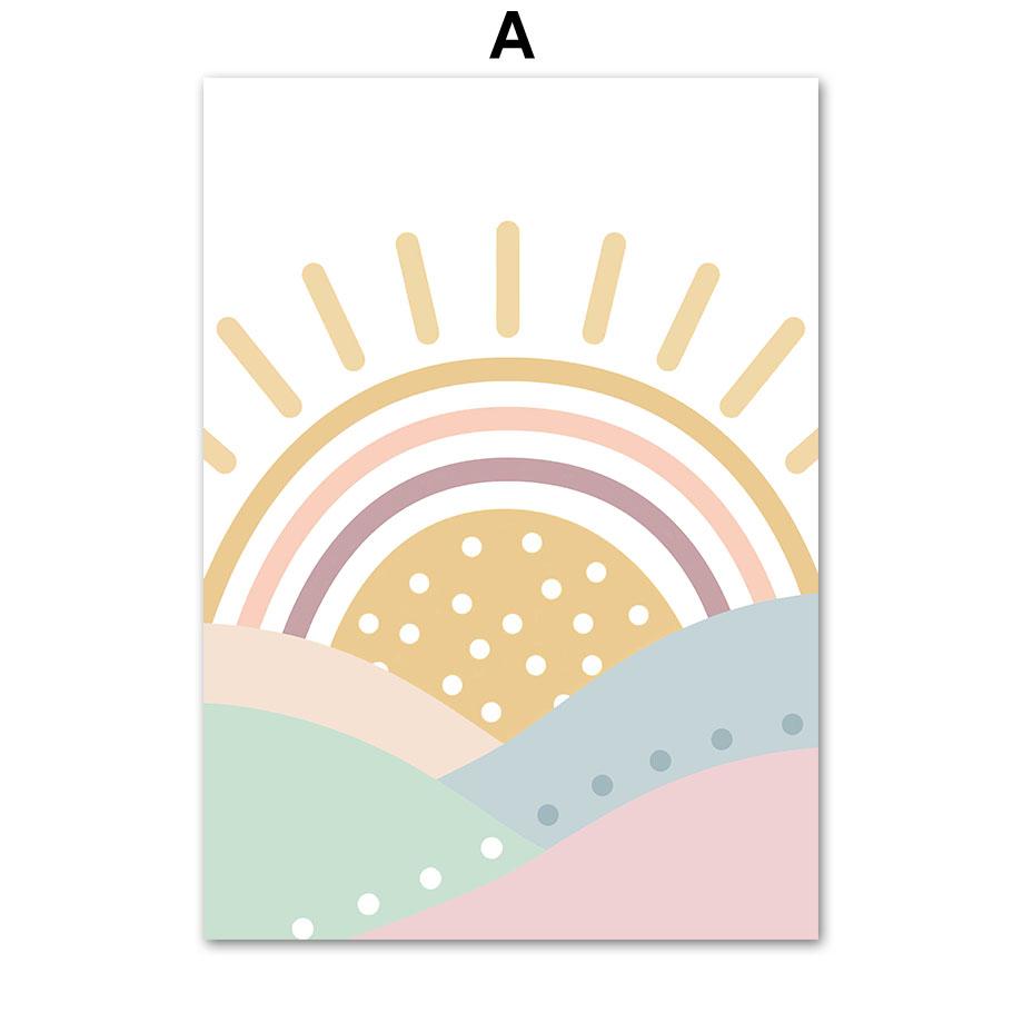 Pink Mountain Sun Rainbow Quote Bohemian Nursery Nordic Posters, Wall Art Canvas Painting Pictures, Perfect for Baby Kids Room