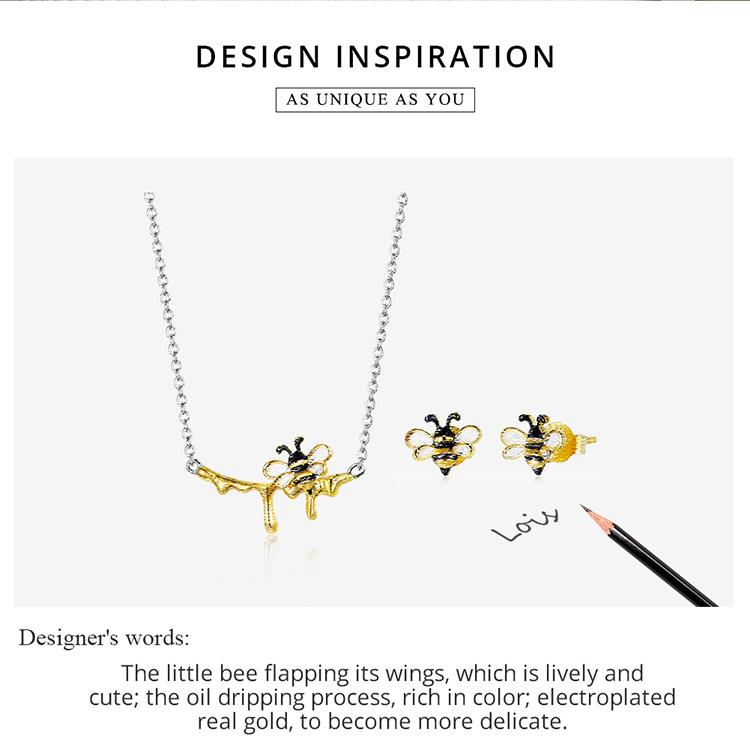 Bamoer 925 Sterling Silver Enamel Bumblebee and Sweet Honey Shiny Necklace and Earring Studs for Women Fashion Jewelry Set
