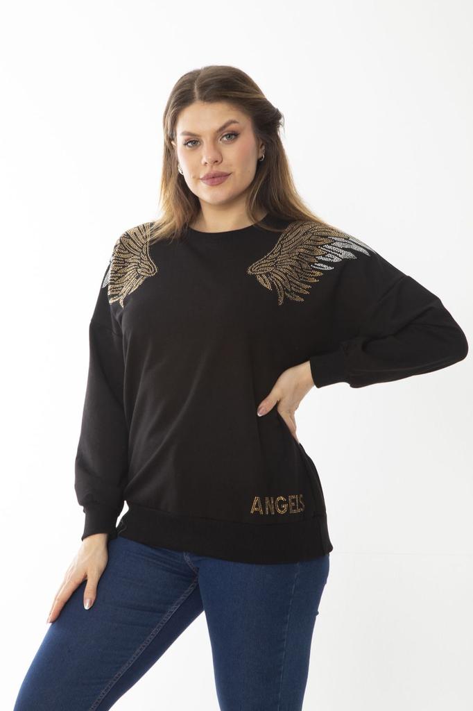 Women's Style Big Size Sweatshirt Large Size Black Stone Detailed Sweatshirt