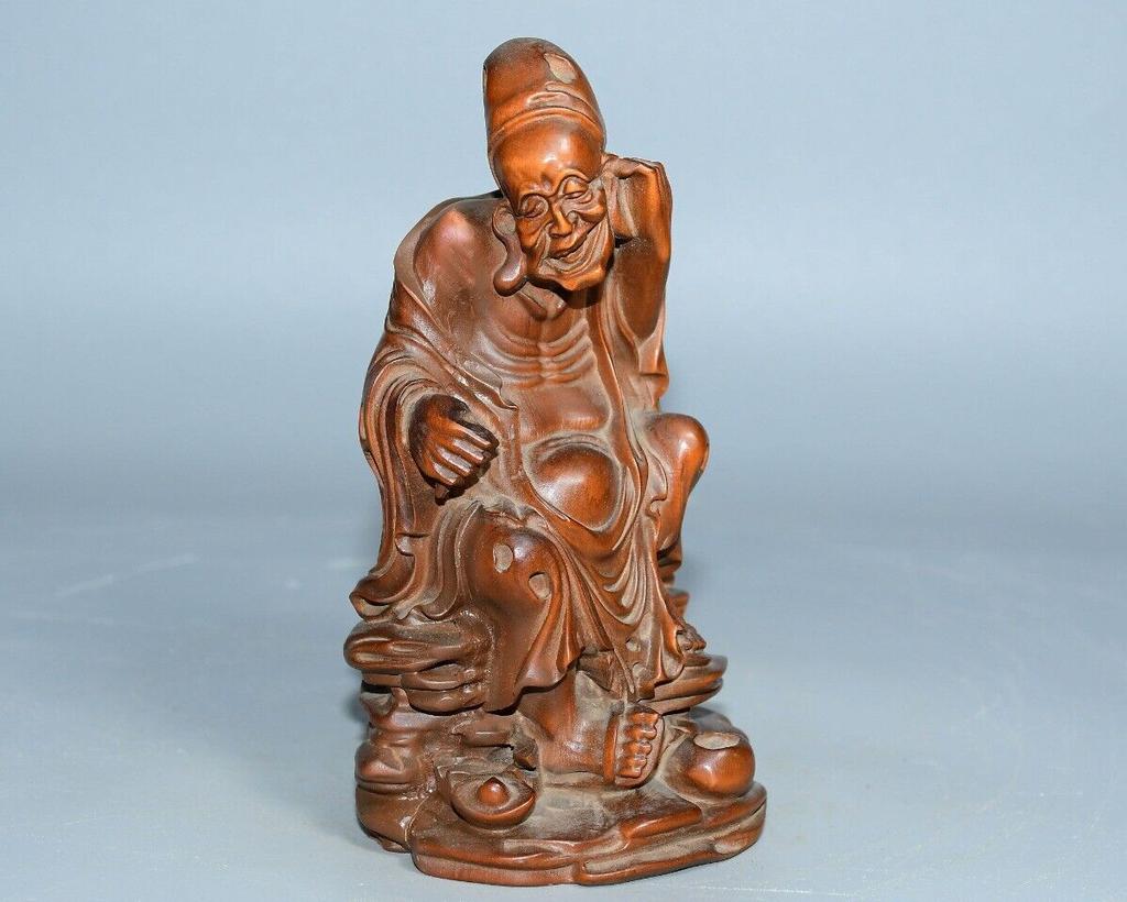 Chinese Antique Wooden Boxwood Carved Exquisite Ji Gong Buddha Statues Sculpture