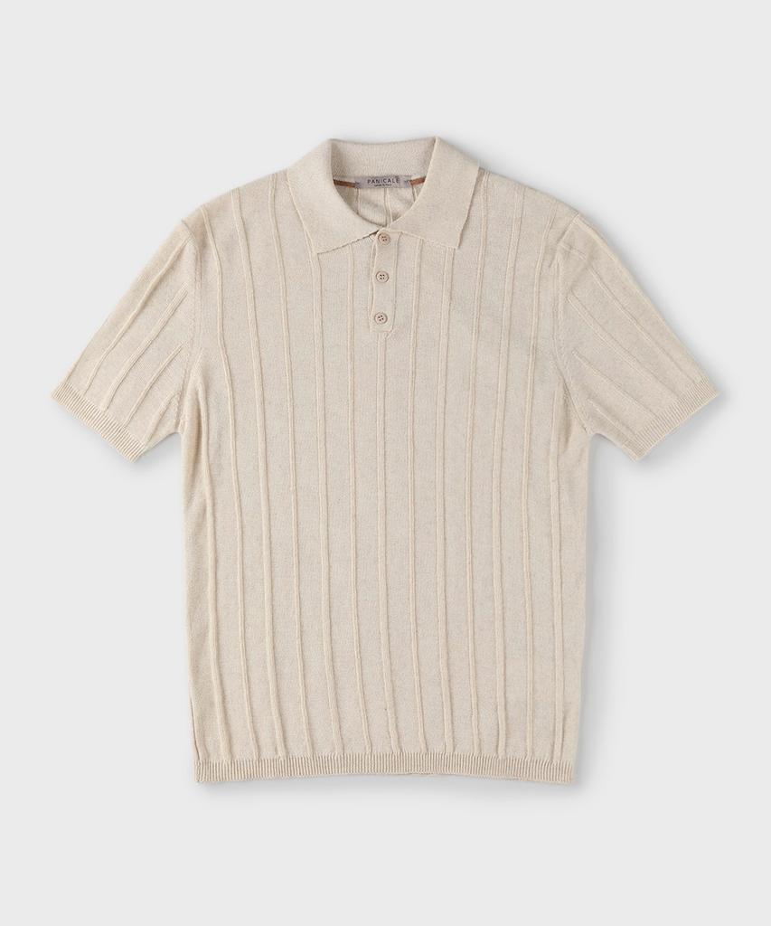 PANICALE Beige Striped Linen Polo Shirt