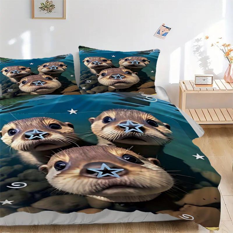 3-teiliges Anime-Otter-Selfie-Bettwäsche-Set - Enthält einen Bettbezug und zwei Kissenbezüge (Kein Kern) - Polyesterstoff, Perfekt für Schlafzimmer und Gäste